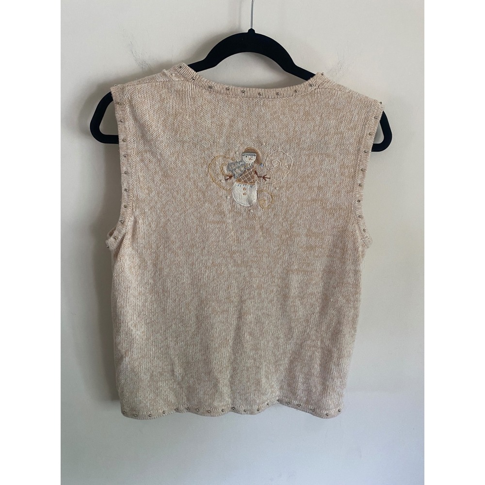Erika Vintage Snowman Embroidered Beaded Sweater Vest Beige Womens Large Holiday - Picture 4 of 5